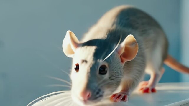 Close view of gray laboratory rat face with detailed whiskers and calm eyes while animal observes surroundings inside quiet research enclosure. Animal behavior observation concept