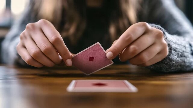 Woman strategically places a playing card on a wooden table during a card game, showcasing focus and skill in board games and intellectual hobbies