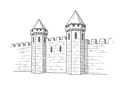 Medieval stone castle wall with two conical towers and crenellations