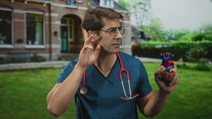 Man doctor in blue scrubs holds anatomical heart model and raises hand to ear in front of building;...
