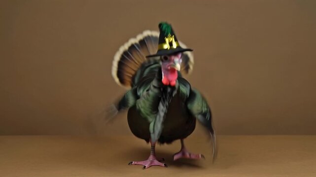 Funny turkey doing a silly jig dance, fluffy feathers bouncing, pilgrim hat costume, deep brown minimal background, cartoon animation style