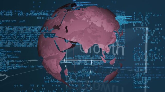 Animation of rotating globe and data processing over network of connections, growth and innovation