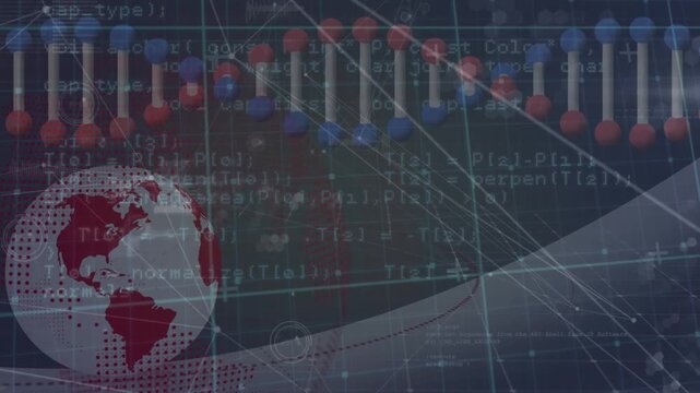 Animation of globe, scientific data moving over dna and connections on black background