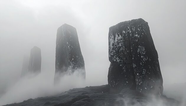 Ancient monolithic stone monoliths carved with unknown symbols shrouded in dense fog