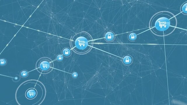 Animation of network of connections with icons over blue background