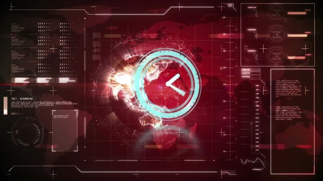 Animation of clock moving fast over globe and data processing on screen