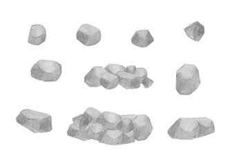 Watercolor stone and rock set, hand-painted grey pebbles and boulders illustration-300dpi- © URU