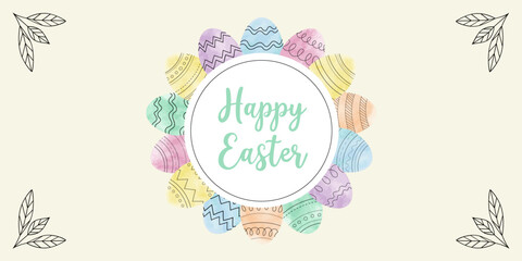 Watercolor vector easter egg frame with happy easter text in center. Decorative spring holiday greeting card design element with colorful painted patterns and minimalist botanical leaf corner. © cato_rium