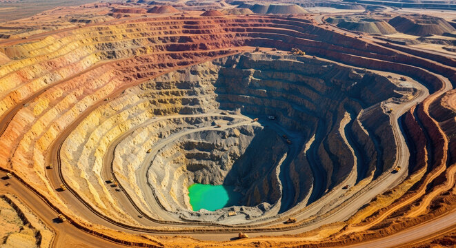 Aerial view of a massive open pit mine with terraced layers. Large scale mineral extraction and excavation site