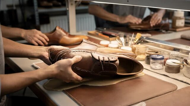 Medium shot of artisans skillfully fitting soft leather linings inside shoe uppers at a precision gluing station emphasizing craftsmanship and material quality.