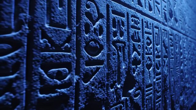 Close-up of ancient Egyptian hieroglyphs carved in stone wall with blue lighting.