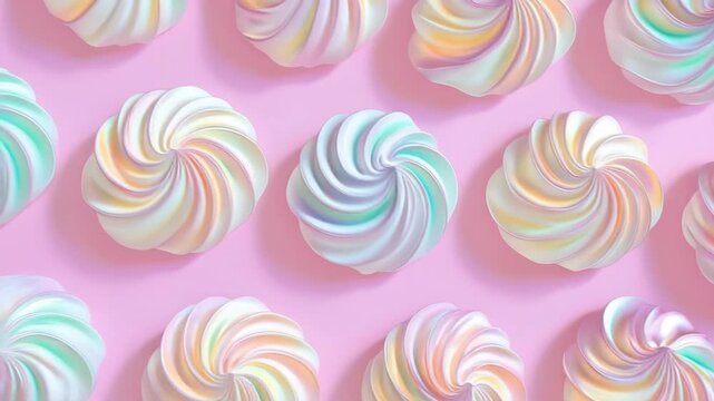 Colorful pastel swirl candies on pink background creating a mesmerizing pattern