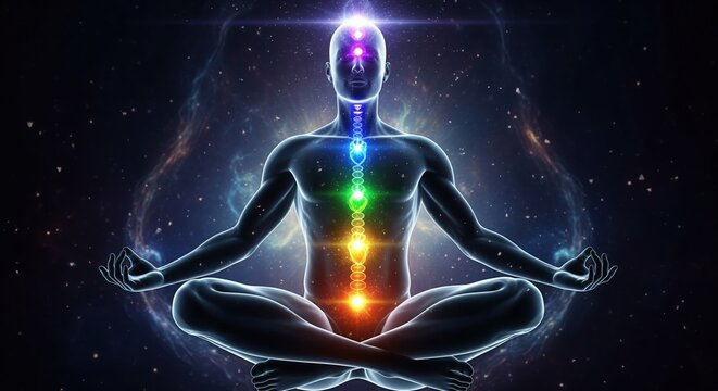 A figure meditating in lotus position with glowing chakras aligned along the spine. Colorful energy radiates from the body against a cosmic background. Perfect for wellness and spirituality.