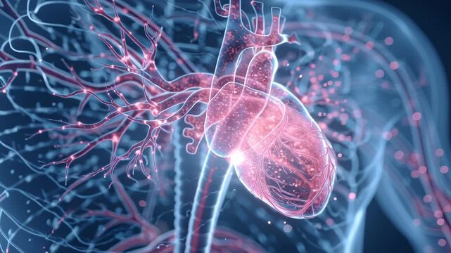 Detailed 3D illustration of the human heart with vascular system and glowing arteries.