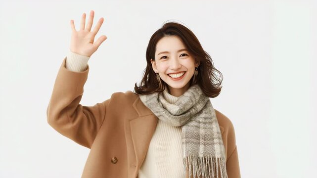 女性が冬のコート姿で明るく手を振る笑顔で挨拶