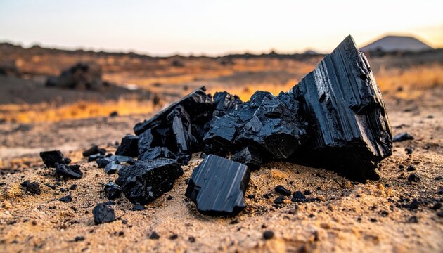 Jagged Black Obsidian Shards Scattered on Dry Earth Under an Evening Sky