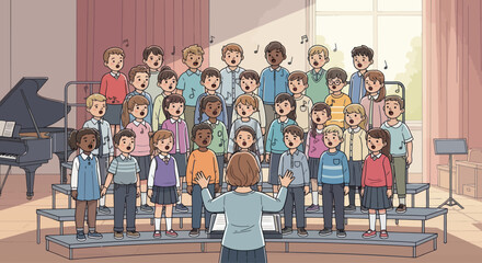 Children's Choir Singing Together on Stage with Piano and Music Stand © Intan