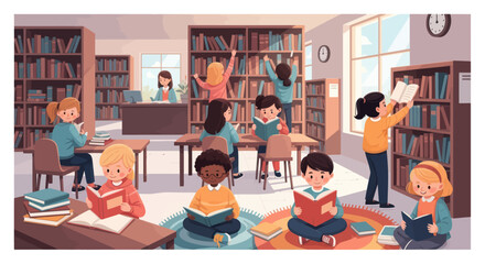 Children Reading Books in a Cozy Library with Bookshelves and Natural Light © Intan