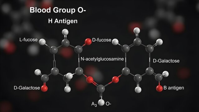 High detailed molecular model of blood group O H antigen showing linked L‑fucose, D‑galactose and N‑acetylglucosamine residues on membrane glycoprotein backbone for ABO blood typing biochemistry, immu