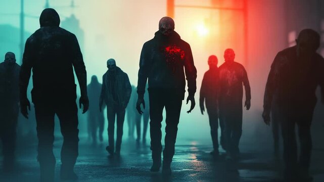 Many zombies walk down a foggy street at dusk, with a glowing red light emanating from the chest of one zombie, creating a sense of dread and horror