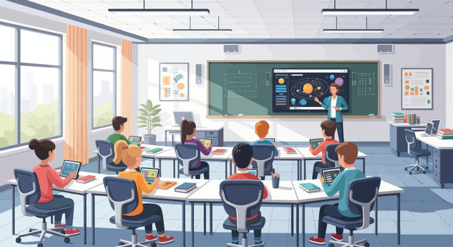 Diverse Students Learning Astronomy in Modern Classroom with Interactive Smartboard