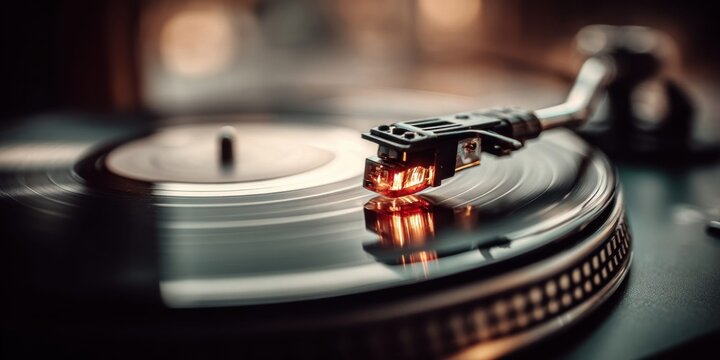 Close-up of a vintage turntable needle playing a spinning vinyl record with warm lighting
