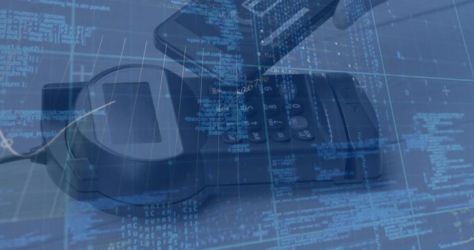 Animation of data processing over close up of a hand using smartphone to make a payment