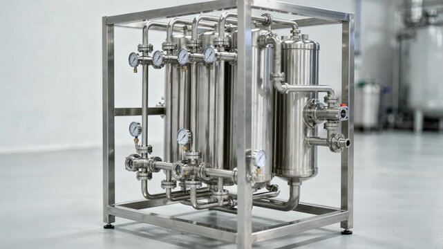 Detailed medium shot showcasing an ultrafiltration membrane unit on a compact skid emphasizing clarity and purity in liquid separation applications.