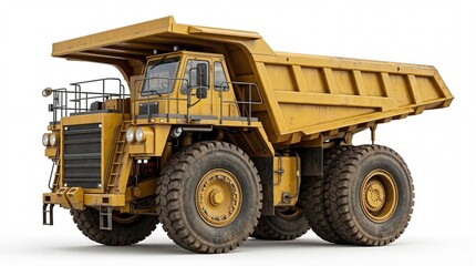 A heavy duty yellow mining dump truck used for transporting large loads of rock and earth material