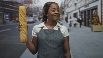 Baker woman wearing apron holds long baguette upright in right hand, smiling on urban street with shopfronts  joy community. © Krakenimages.com