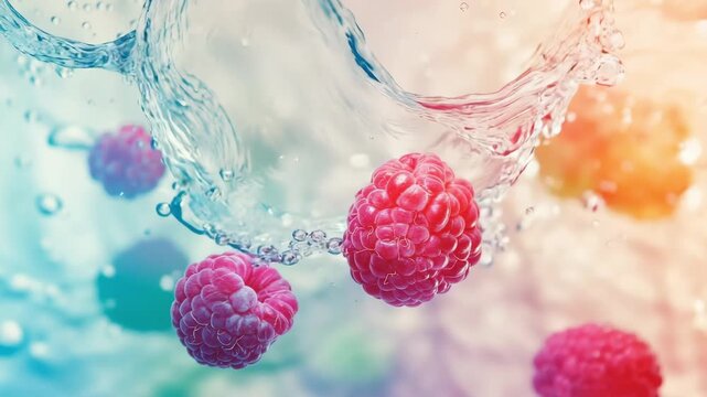 Vivid raspberries splashing in water: vibrant motion in slowmotion fruit dive