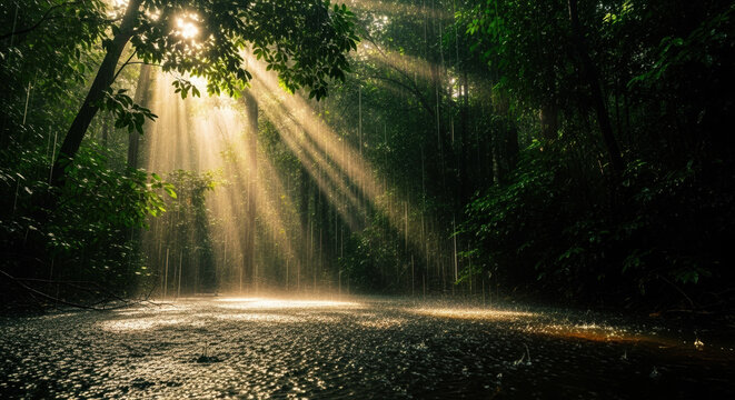 Sunbeams shining through rain in a dense green forest. Tropical rainforest during a sunshower with golden light rays. Dramatic nature scene of sunlight filtering through trees onto water