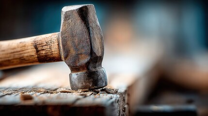 Close-up of a weathered hammer striking a wooden surface with sawdust flying
