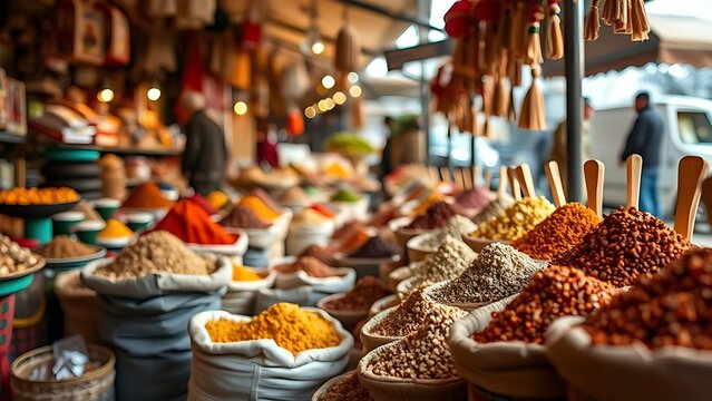 pasilla. Spice stall in a market with sacks of colorful spices. menu design, packaging mockups, designed for culinary blogs and recipe cards for restaurants, inspires cooking.