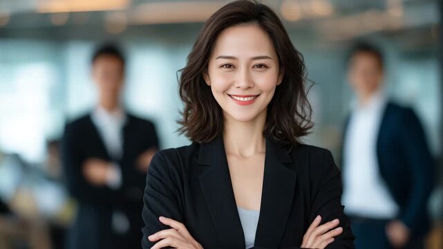 318Asian business leader embodying confidence and determination, arms crossed, gentle smile, team members behind her discussing ideas, contemporary corporate interior, clean stock pho