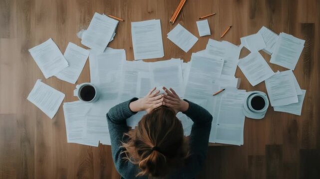 Top view of a stressed businesswoman holding her head, sitting at a wooden desk covered with paperwork and two coffee cups, highlighting the challenges of office work and deadlines