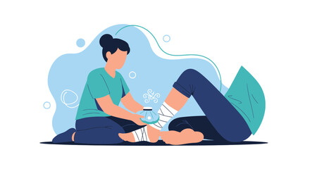 Fototapeta premium First Aid for Ankle Injury: Bandaging a Sprained Leg with Ice Pack