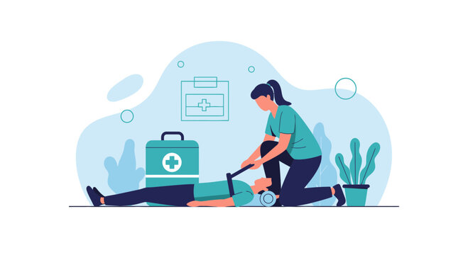 First Aid Training: Person practicing CPR on dummy with medical kit