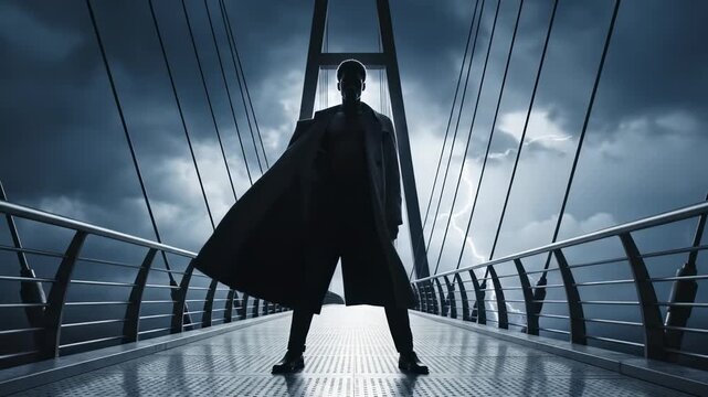 A powerful figure clad in a flowing cape stands tall on a modern bridge, silhouetted against dark, brooding clouds. The scene captures an atmosphere of mystery and determination.