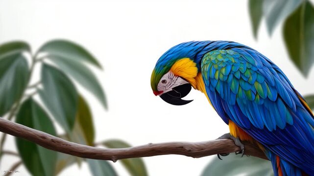 333Vibrant tropical parrot perched gracefully, isolated on a clean white background, colorful feathers sharply detailed, subtle shadow beneath, bright realistic lighting, commercial s