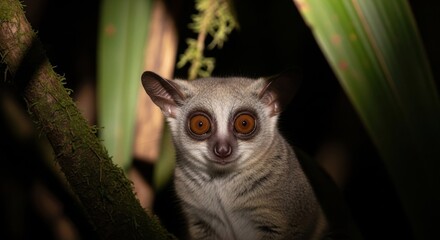 Fototapeta premium Bushbaby with Large Luminous Orange Eyes Peering from Dense Forest Foliage at Night