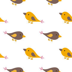 Little bird seamless pattern. Cute yellow and brown birds background for autumn textile, kids decor, and wrapping paper vector design