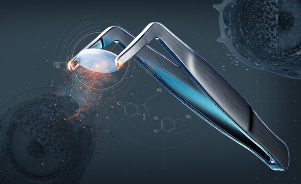 Pharmaceutical tablet held by surgical tweezers illustrating targeted drug delivery and neurotransmitter interaction with dopamine and serotonin formulas. Antidepressant development, brain chemistry