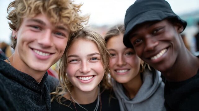 422Tight group shot of four friends with happy, engaging smiles, casual modern outfits, sunlight reflecting on faces, friendly and inclusive connection conveyed