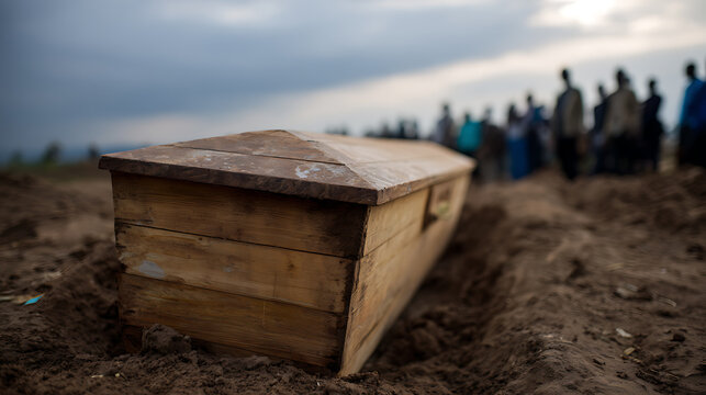 Simple wooden coffin awaits burial in an open grave with silhouetted mourners in background under a cloudy sky in a rural setting
