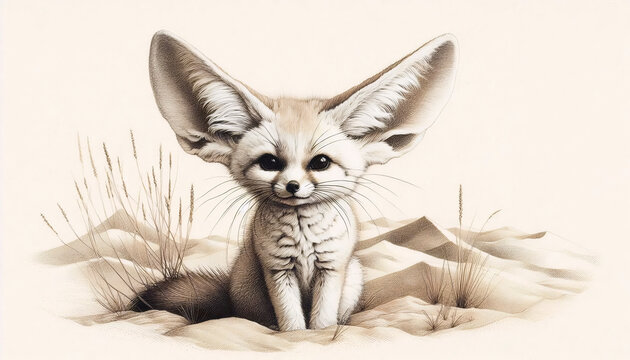 A tiny fennec fox ink drawing art print, Ai generated image
