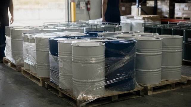 Medium shot focusing on mixed pallets with both shrinkwrapped and open lubricant drums in an industrial loading bay emphasizing efficient storage and organization.