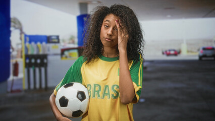 Teenage woman holding soccer ball with hand covering face on street near gas station, wearing brazil team t shirt  disappointment reflection. © Krakenimages.com
