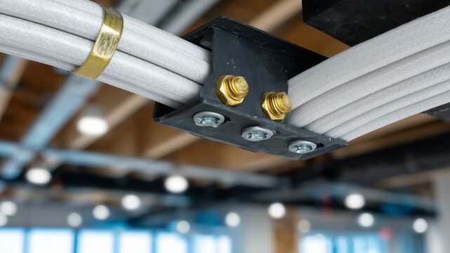 594Side view of electrical conduits in office ceiling, PVC and metal conduits, screws, and brackets, detailed macro perspective, indoor renovation