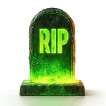 Glowing green RIP tombstone with eerie smoke and light effects on white background